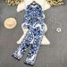Fashion Suit For Women With Blazer Collar, Celadon Print, Waist-Cinching Shirt, Two-Piece Set, Casual High-Waisted_ecoleips.com