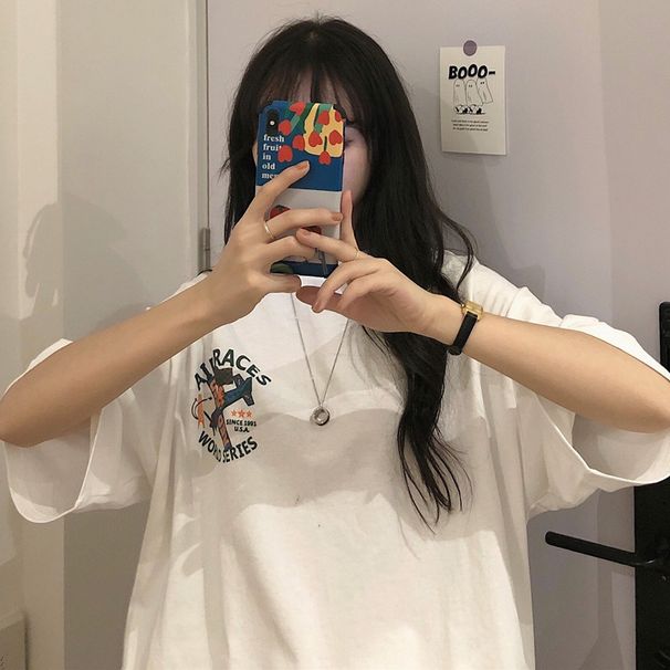New Korean Style Women's T-Shirt Loose Short Sleeve Printed Summer Base Layer Plus Size Trendy INS Style Spring Outfit Inner Wear_ecoleips.com