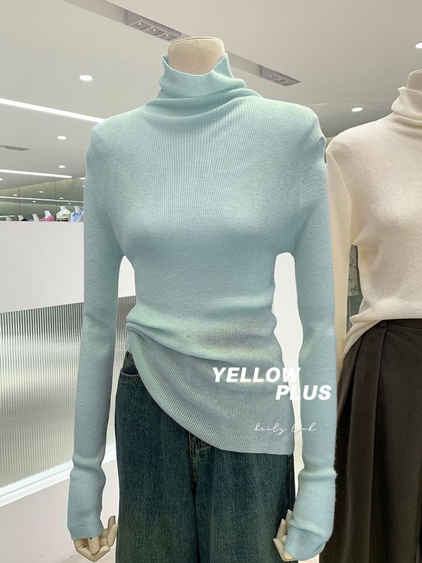 Autumn Winter Wool Pile High Neck Knitted Women Pullover Sweater Base Shirt Stylish Mint Green Slim Fit Long Sleeve Top_ecoleips.com