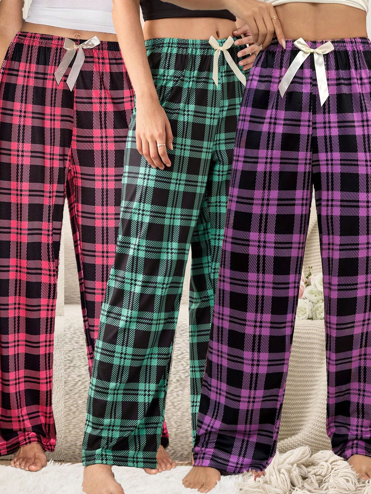 Three-piece Women's New Style Checkered Printed Long Pants, Casual And Comfortable Pajama Pants, Bow-decorated Checkered Pattern_ecoleips.com