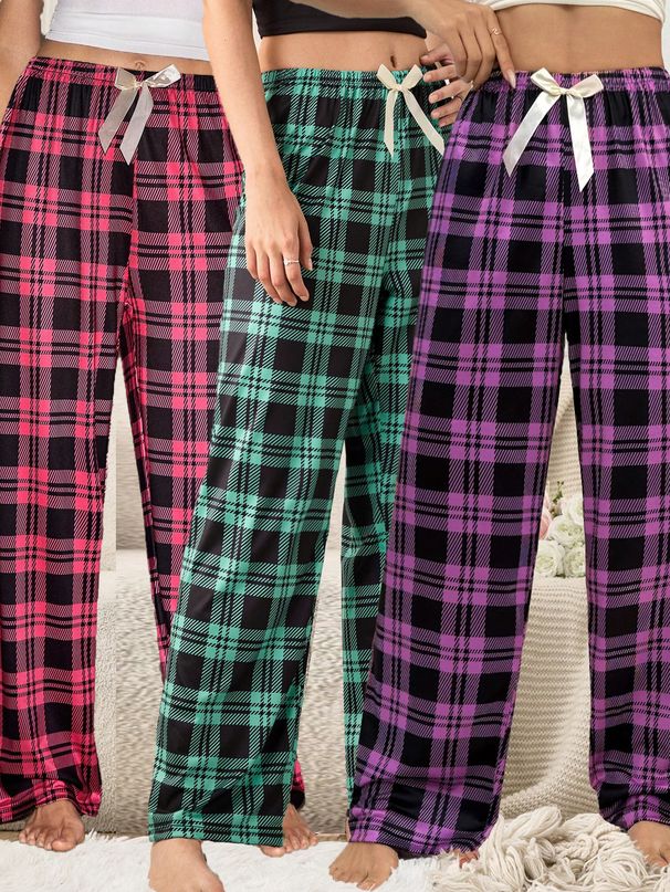 Three-piece Women's New Style Checkered Printed Long Pants, Casual And Comfortable Pajama Pants, Bow-decorated Checkered Pattern_ecoleips.com