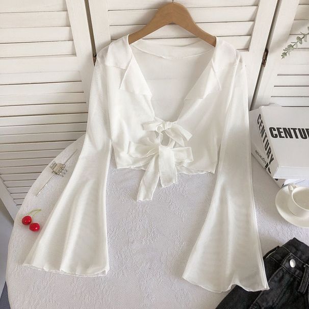 Spicy Girl Long T-Shirt For Women New Style V-Neck Sheer Tie-Up Crop Slim Fit Cardigan Flare Sleeve Short Top_ecoleips.com