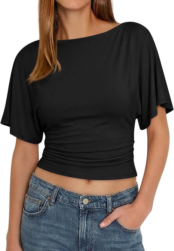 2026 New Summer Women Boat Neck Wrap Tops Casual Short Sleeve Self Tie Waist Slim Fashion T Shirt_ecoleips.com