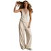 Women's V-Neck Sleeveless Wide-Leg Pants Set, Flowy Lounge Two Piece Outfit For Casual Comfort_ecoleips.com