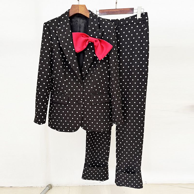Women's Clothing Star New Bow Decoration Polka Dot Suit Jacket Trousers Suit Two Piece Suit_ecoleips.com