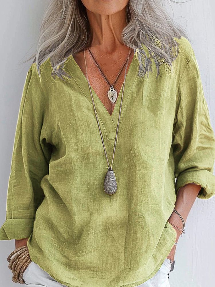 Spring Casual Spring Fashion Long-Sleeved Cotton-Linen Plain Retro V-Neck Sweater_ecoleips.com