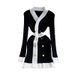 Petite V-Neck Color-Block Knit Dress – Double-Breasted Waist-Defining Midi Dress For Autumn | Elegant Office & Date Night Pullover_ecoleips.com
