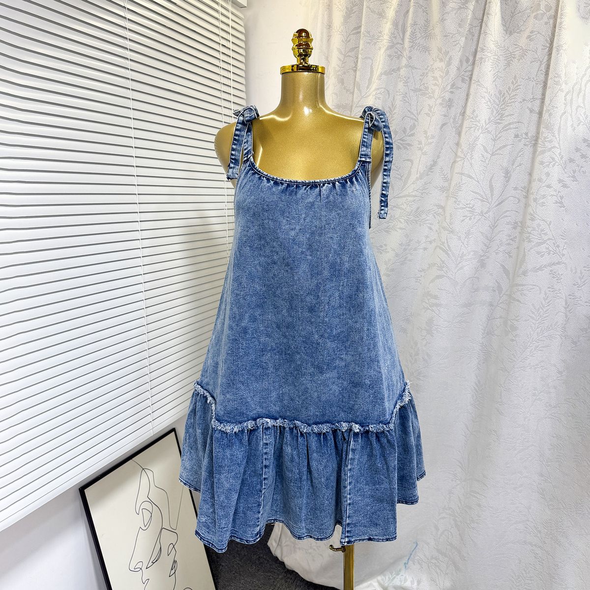 Trendy Patchwork Tie-Up Denim Mini Dress – Stylish A-Line Summer Dress With Straps For Women_ecoleips.com