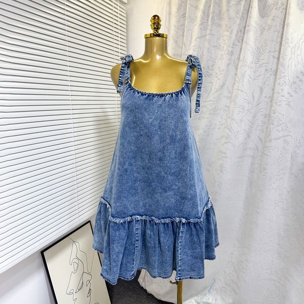 Trendy Patchwork Tie-Up Denim Mini Dress – Stylish A-Line Summer Dress With Straps For Women_ecoleips.com