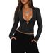 Y2K Style Outerwear Hollow-out Deep V-neck Long-sleeve Regular Shoulder T-shirt For Women, Tight-fitting With Unique_ecoleips.com