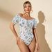 Voya Women's New One Shoulder Floral Bubble Sleeve Jumpsuit With Square Collar And Tie Up Slim Fit Top T-shirt_ecoleips.com