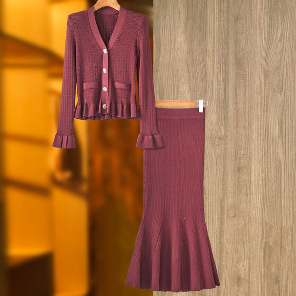 Women's Clothing Spring And Autumn Style Small V Neck Trumpet Sleeve Top Fishtail Skirt Two Piece Suit_ecoleips.com