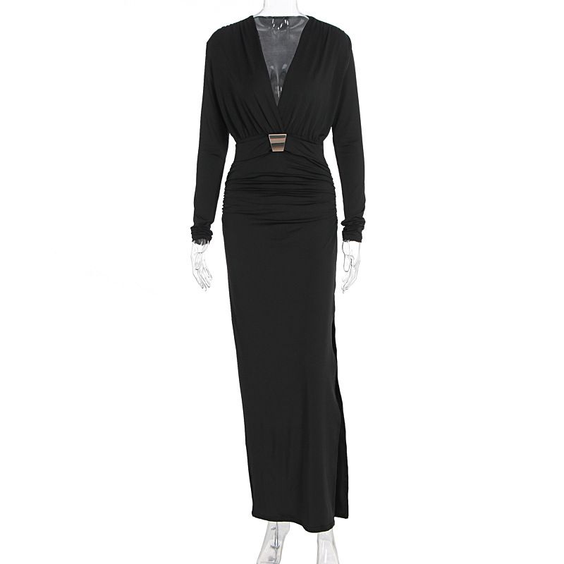 Fashion Elegant Deep V Neck Long Sleeve Autumn Dress With Decorative Belt For Women Sophisticated Fall Cocktail Party Dress_ecoleips.com
