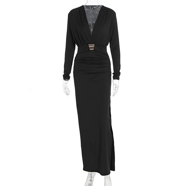 Fashion Elegant Deep V Neck Long Sleeve Autumn Dress With Decorative Belt For Women Sophisticated Fall Cocktail Party Dress_ecoleips.com