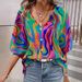 Fashion Printed Women's Clothing Elegant Bat Sleeve Loose Shirt Button V Neck Top_ecoleips.com