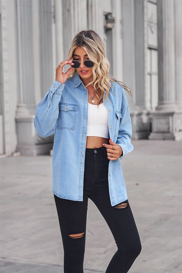 Women's Clothing New Light Colored Slim Denim Long Sleeve Shirt For Women_ecoleips.com