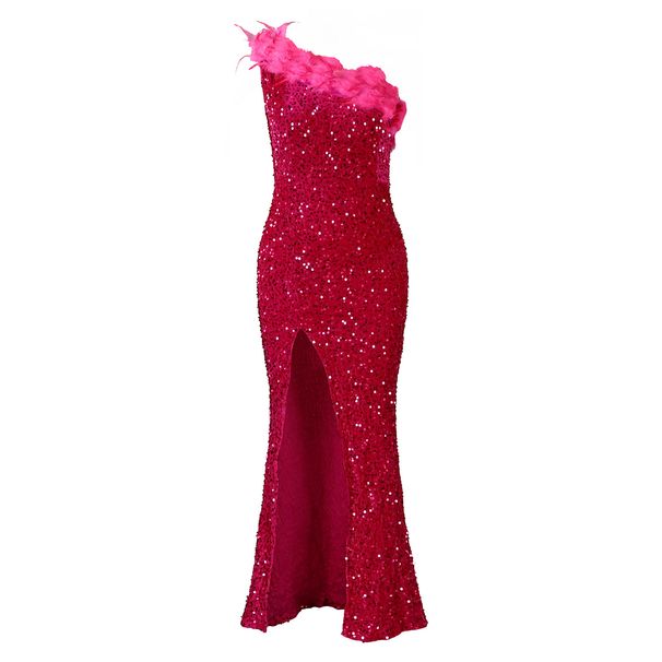 Women's Clothing Sexy Fashion Feather Oblique Collar Banquet Dress Skirt Sequin Slit Long Skirt_ecoleips.com