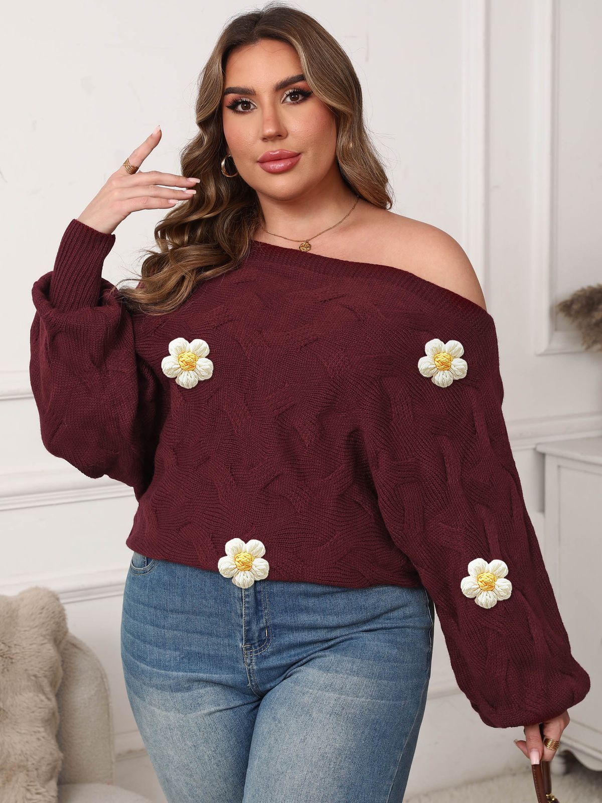 Plus Size Off Shoulder Batwing Sleeve Sweater For Women - Asymmetrical Design With Handmade Floral Details, Soft Acrylic Blend_ecoleips.com