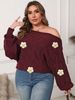 Plus Size Off Shoulder Batwing Sleeve Sweater For Women - Asymmetrical Design With Handmade Floral Details, Soft Acrylic Blend_ecoleips.com