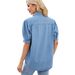 Women's Casual Denim Shirt With Puff Sleeves & Turn-Down Collar - Lightweight Summer Top For Street Style_ecoleips.com