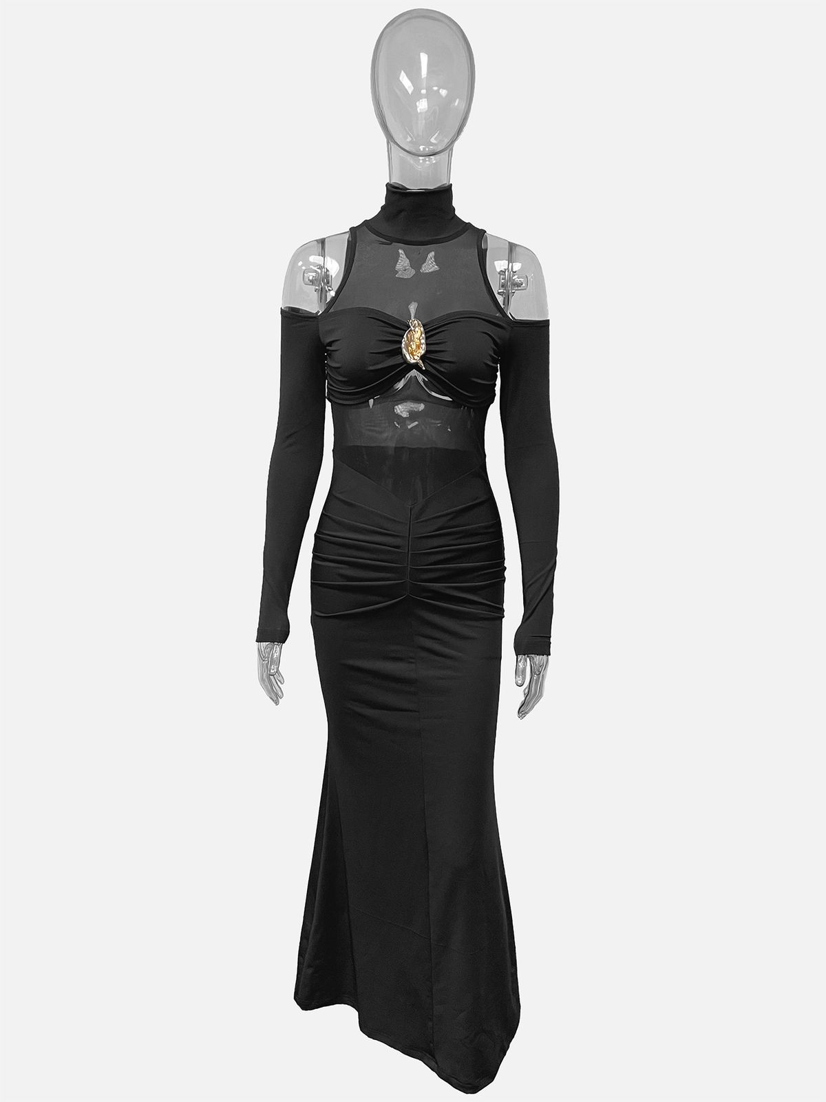 Women's Solid Color Round Neck Mesh Splicing Slim Dress Long Sleeve Fashion Autumn New European American Style_ecoleips.com