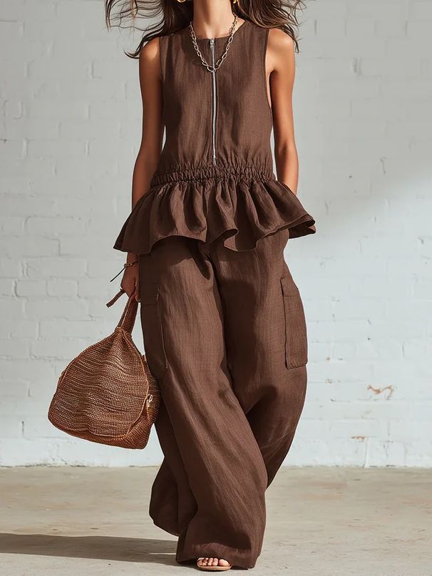Women's Clothing Summer Women's Casual Suit Style Sleeveless Pleated Vest Wide Leg Trousers Clothing Set For Formal & Casual_ecoleips.com