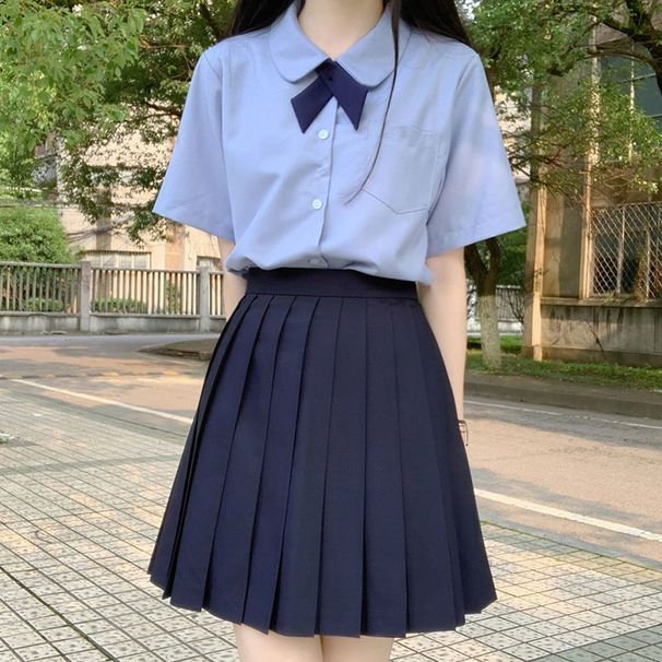 Basic JK Uniform Solid Color Shirt Japanese School Black Pleated Women Summer Academy Style Short Skirt Full Set_ecoleips.com