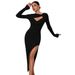 Women's Chest Hollow Twisted Slim Fit Long Sleeved With Sexy High Slit Temperament Dress_ecoleips.com