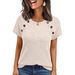 Women's Casual Short Sleeve Top With Ribbed Knit And Button Detail, Relaxed Fit Crewneck Shirt For Everyday Wear_ecoleips.com