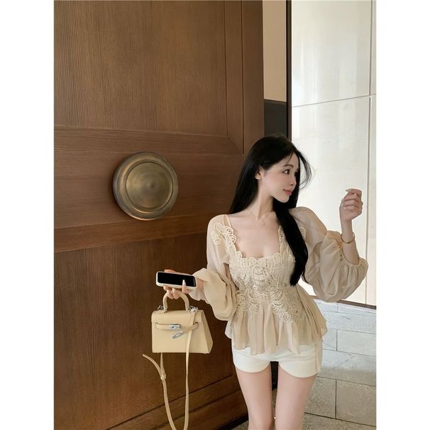 Lace-spliced French Puff-sleeve Chiffon Blouse For Women, Summer Design, Unique And Ethereal, With Camisole Straps_ecoleips.com