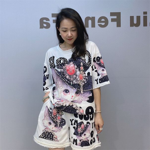 Women's Clothing Beaded T Shirt Suit Large Size Women's Clothing 3D Printing Short Sleeved Shorts Women's Two Piece Suit_ecoleips.com