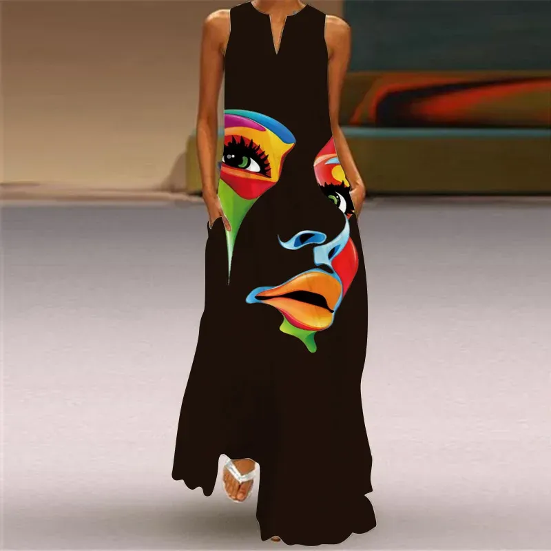 Elegant Sleeveless Women Dress Summer Vintage Print Loose Long Maxi Dresses Lady V Neck Pocket Sundress Femme Vestido Plus Size_ecoleips.com