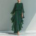 Women's Clothing Navy Blue Chiffon Top With Flared Sleeves Straight Leg Pants Set Ruffles_ecoleips.com