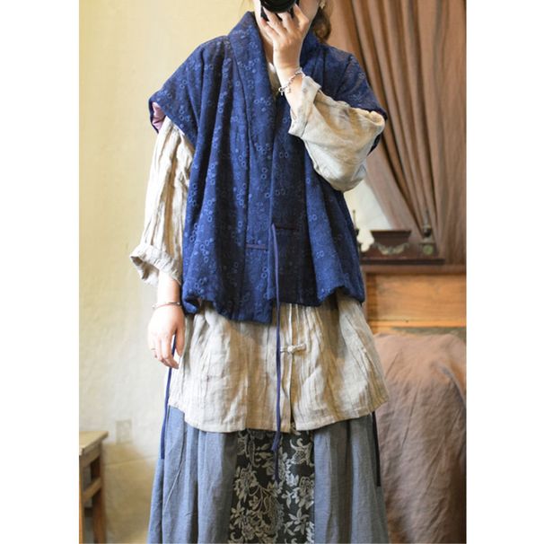 Original Design Cotton-linen Hanfu-style With Small Plum Blossom Embroidery, Retro Lace-up, Sleeveless, Padded Cotton_ecoleips.com