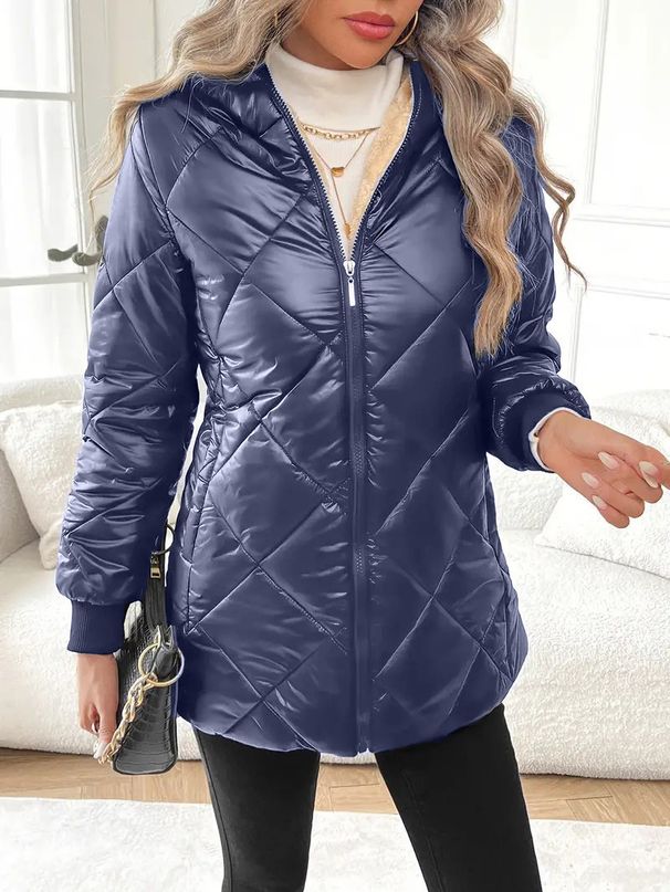 Women's Quilted Puffer Jacket – Winter Long Sleeve Coat With Diamond Stitch Design, Loose Fit Polyester Outerwear For Casual & Streetwear Fashion_ecoleips.com