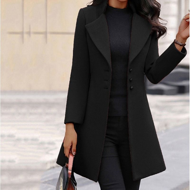 Autumn And Winter Medium And Long Lapel Thin Solid Color Slim Women's Woolen Coat_ecoleips.com