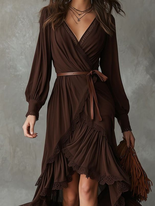 2026 Spring European American Cross-Border Bohemian Style Irregular Dress With Long Sleeves, V-Neck, And Lace Trim_ecoleips.com