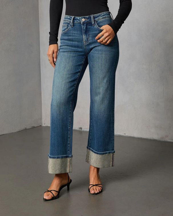 Women's Clothing Fashionable Casual Straight Leg Jeans Rhinestone Washed_ecoleips.com