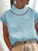 Women's Clothing Solid Color Hollow Tops Casual High Collar Linen Lace Breathable Shirt_ecoleips.com