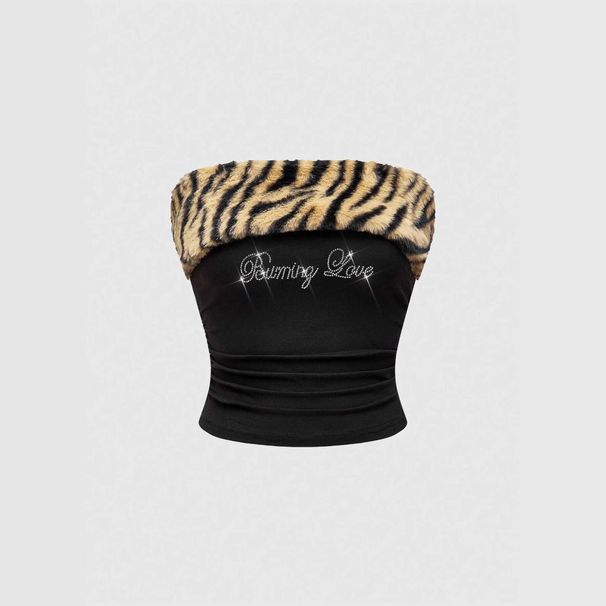 Slim Fit Sexy Hot Girl Y2K Letter Rhinestone Leopard Print Crop Top Women's Tube Vest European American Style_ecoleips.com