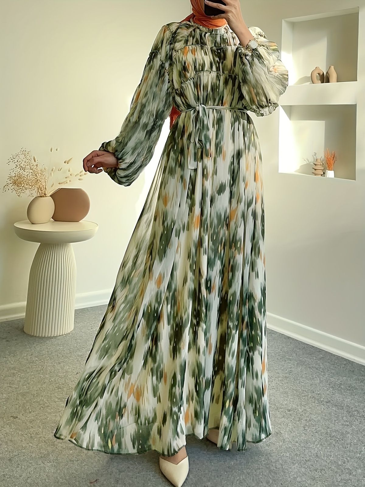 Muslim Dress Women Women's Elegant Long Dress With Tie-Dye Print, Belted Waist, And Flounce Hem – Stylish & Comfortable For Work & Casual Occasions_ecoleips.com