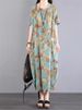 Cotton Short Sleeve Vintage Print Dresses For Women 2025 Summer Casual Loose Long Office Lady Dress Femme Robe Elegant Clothing_ecoleips.com