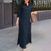 Women's Clothing Solid Color Cotton Linen Lapel Long Sleeve Simple Loose Casual Long Dress_ecoleips.com
