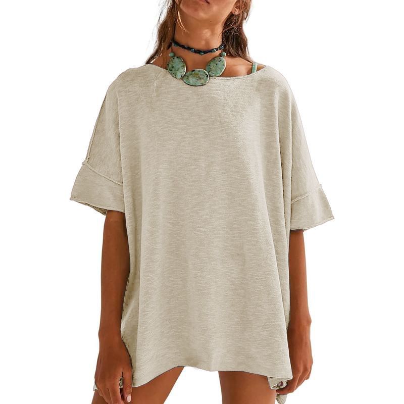 Summer Women's Patchwork Five-Sleeve Top Solid Color Loose Fit Round Neck_ecoleips.com