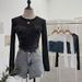 Women's Clothing Two Piece Denim Splicing Mesh Long Sleeved Top Short Navel Exposed Slim T Shirt_ecoleips.com