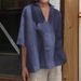 Women's Clothing Spring And Summer V Neck Cotton And Linen All Match Solid Color Large Size Loose Mid Sleeve Women's Shirt_ecoleips.com