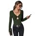 Voya Popular Women's Sexy Hollow Out Slim Knit Long Sleeved T-shirt With V-neck Temperament And Versatile Top_ecoleips.com