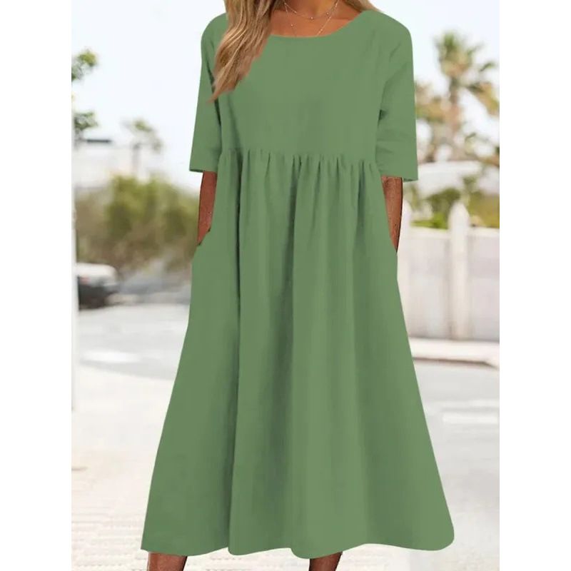 Spring Summer New Women's Casual Loose Long Dress 2023 round Neck 5 Sleeve plus Size Solid Color Cotton Cross Border Trade_ecoleips.com