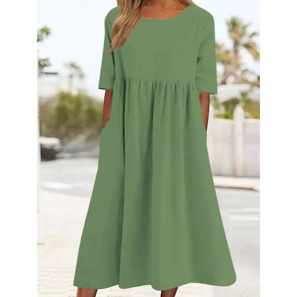 Spring Summer New Women's Casual Loose Long Dress 2023 round Neck 5 Sleeve plus Size Solid Color Cotton Cross Border Trade_ecoleips.com