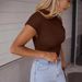 Women's Slim Fit Ribbed T-Shirt Solid Color With Metallic Decoration Short Sleeve American Style_ecoleips.com